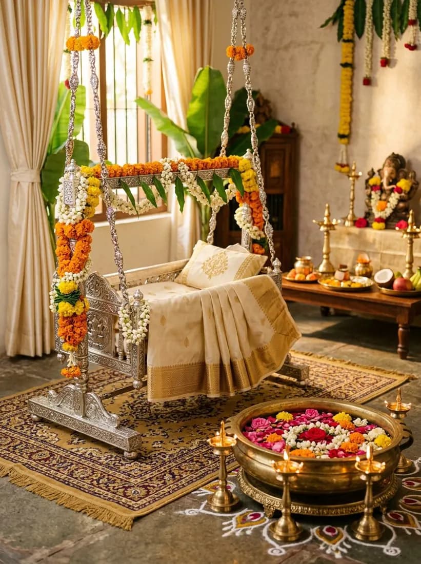 Silver cradle decorated with flowers for a naming ceremony