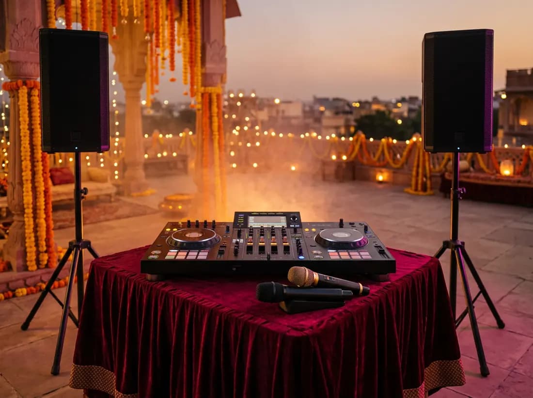 DJ console and speakers on a terrace