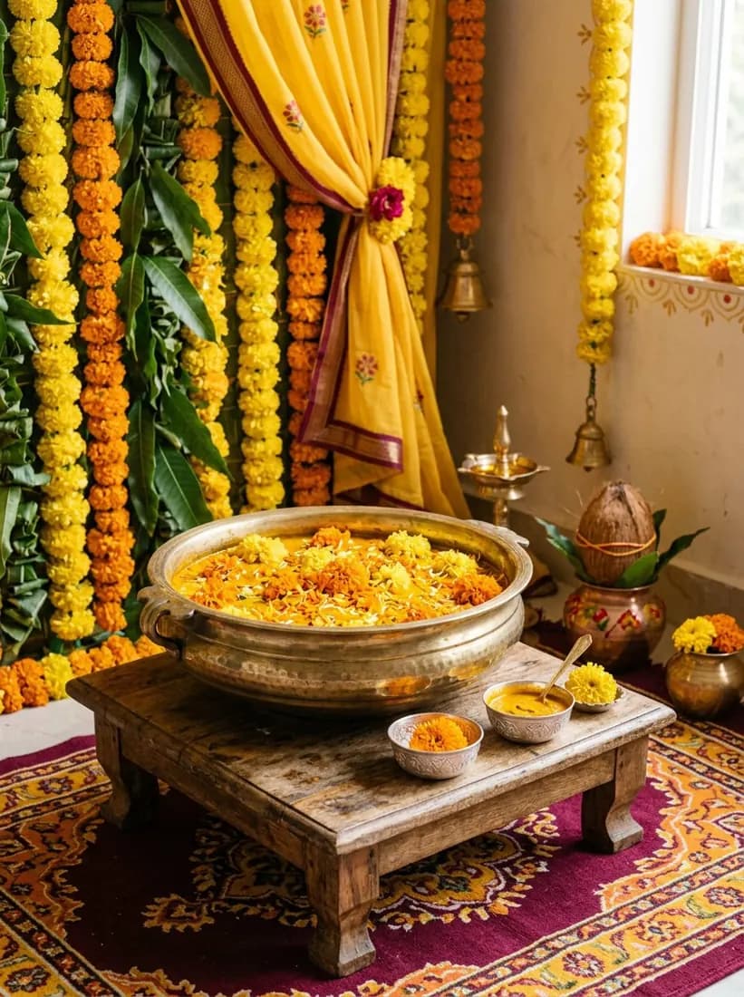 Pooja setup with brass lamps and flowers