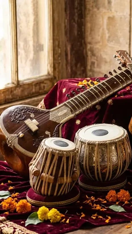 Sitar, tablas and guitar on velvet