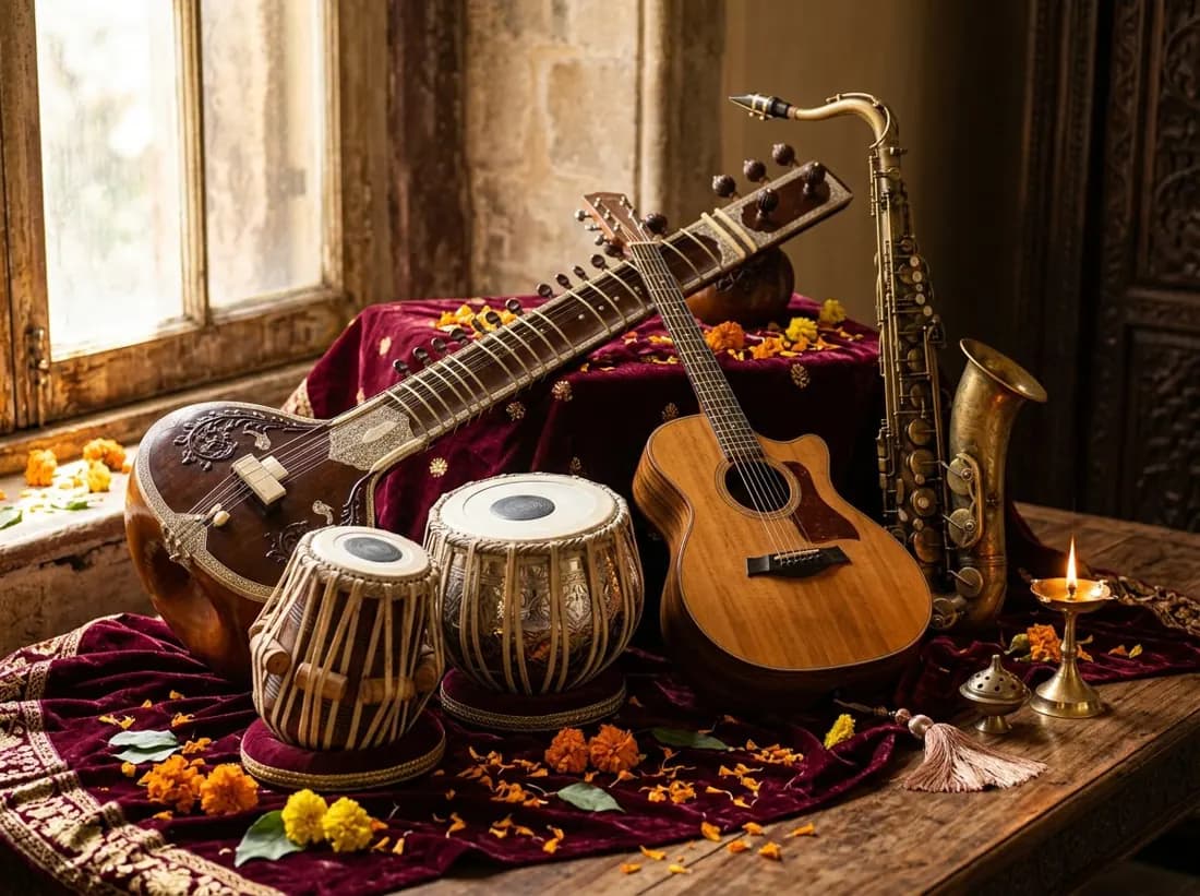 Sitar, tablas and guitar on velvet