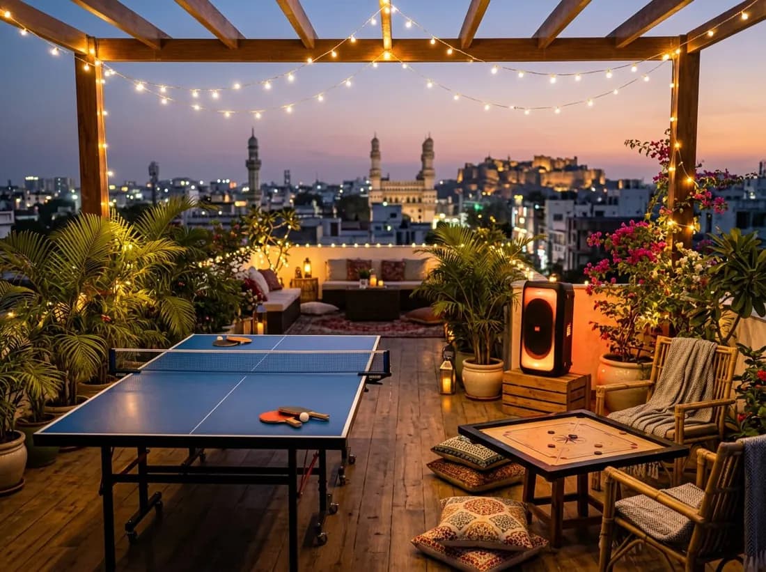 Rooftop party with games and speakers